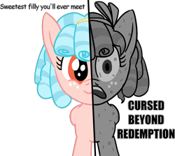 Size: 1820x1627 | Tagged: safe, artist:poniidesu, cozy glow, pegasus, pony, g4, the ending of the end, comic sans, cozy glow drama, cozybuse, drama, female, filly, op is a duck, petrification, simple background, solo, split screen, statue, transparent background