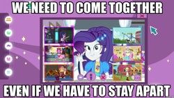 Size: 1280x720 | Tagged: safe, edit, edited screencap, screencap, applejack, fluttershy, gummy, pinkie pie, rainbow dash, rarity, sci-twi, sunset shimmer, twilight sparkle, equestria girls, festival looks, g4, my little pony equestria girls: better together, caption, coronavirus, covid-19, female, geode of empathy, geode of fauna, geode of sugar bombs, humane five, humane seven, humane six, image macro, magical geodes, meme, pandemic, picture-in-picture, text