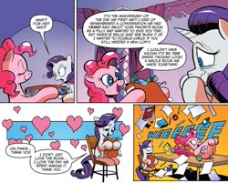 Size: 1000x802 | Tagged: safe, artist:andypriceart, idw, official comic, pinkie pie, rarity, pony, g4, spoiler:comic, spoiler:comic42, book, chair, comic, comic panel, cropped, duo, female, mare, pinkie being pinkie, rarity is not amused, sitting, sliding, speech bubble, unamused
