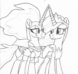 Size: 1751x1658 | Tagged: safe, artist:ejlightning007arts, tempest shadow, twilight sparkle, alicorn, pony, g4, the last problem, alicornified, alternate timeline, armor, black and white, eye scar, female, grayscale, hoof on shoulder, horn, lesbian, monochrome, older, older twilight, older twilight sparkle (alicorn), princess tempest shadow, princess twilight 2.0, race swap, royal guard, scar, ship:tempestlight, shipping, tempest gets her horn back, tempesticorn, traditional art, twilight sparkle (alicorn)