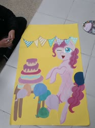 Size: 1511x2015 | Tagged: artist needed, source needed, safe, pinkie pie, earth pony, pony, g4, balloon, cake, cute, diapinkes, food, irl, one eye closed, photo, traditional art, wink