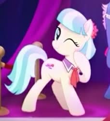 Size: 331x363 | Tagged: safe, screencap, coco pommel, fashion plate, earth pony, pony, g4, my little pony: the movie, cocobetes, cropped, cute, female, mare, offscreen character, one eye closed, solo focus, wink