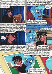 Size: 2068x2978 | Tagged: safe, artist:newyorkx3, part of a set, princess luna, oc, oc:tommy, alicorn, human, pony, comic:young days, g4, comic, dialogue, high res, part of a series, s1 luna, tongue out, traditional art