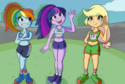 Size: 3000x2000 | Tagged: safe, artist:an_anon_artist, derpibooru exclusive, applejack, rainbow dash, sci-twi, twilight sparkle, equestria girls, g4, spoiler:comic, spoiler:comicequestriagirlsmarchradness, belly button, clothes, hatless, high res, midriff, missing accessory, shoes, shorts, sneakers, socks, sports bra, sports shorts, tomboy