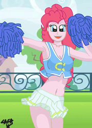 Size: 778x1083 | Tagged: safe, artist:cafakero, pinkie pie, equestria girls, g4, armpits, belly button, breasts, cheerleader, cheerleader outfit, cheerleading, cleavage, clothes, cute, diapinkes, female, midriff, miniskirt, skirt, solo, sports bra, tank top