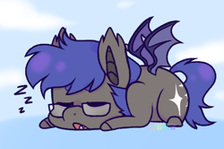 Size: 586x388 | Tagged: safe, artist:wooden-willow, oc, oc only, oc:north star, bat pony, pony, bat pony oc, bat wings, blue hair, chibi, cute, cutie mark, glasses, sleeping, solo, wings, ych result