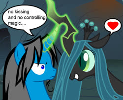 Size: 877x709 | Tagged: safe, artist:somashield, queen chrysalis, oc, oc:soma, changeling, changeling queen, pony, unicorn, g4, digital art, female, glowing horn, horn, looking at each other, magic, male, mare, speech bubble, stallion, text