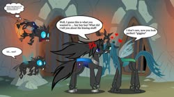 Size: 1280x718 | Tagged: safe, artist:somashield, queen chrysalis, oc, oc:soma, changeling, changeling queen, pony, g4, angry, changelingified, cross-popping veins, cutie mark, digital art, fangs, female, horn, looking at each other, male, mare, species swap, speech bubble, stallion, text, wings
