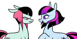 Size: 1119x578 | Tagged: safe, artist:mvnchies, oc, oc only, oc:amethyst, earth pony, pony, angry, duo, earth pony oc, female, mare, raised hoof, siblings, simple background, smiling, white background