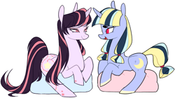 Size: 1077x603 | Tagged: safe, artist:mvnchies, oc, oc only, oc:lunar dreams, pony, unicorn, beanbag chair, colored hooves, duo, female, horn, mare, simple background, sitting, unicorn oc, white background