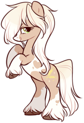 Size: 582x846 | Tagged: safe, artist:mvnchies, oc, oc only, oc:golden breeze, earth pony, pony, earth pony oc, female, hair over one eye, mare, rearing, simple background, smiling, solo, transparent background, unshorn fetlocks