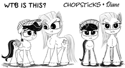 Size: 1024x559 | Tagged: safe, artist:chopsticks, pinkie pie, oc, oc:chopsticks, earth pony, pegasus, pony, comic:wtb is this?, g4, butt fluff, canon x oc, cheek fluff, chest fluff, cute, cute little fangs, fangs, female, hat, hoof fluff, larger male, looking at each other, looking at you, male, mare, monochrome, pinkamena diane pie, size difference, sketch, smaller female, stallion, text