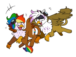 Size: 1280x959 | Tagged: safe, artist:ghoul--doodle, gilda, oc, oc:rainbow feather, griffon, g4, cute, female, flying, goggles, interspecies offspring, magical lesbian spawn, mother and child, mother and daughter, offspring, parent:gilda, parent:rainbow dash, parents:gildash, rainbow feather, simple background, talking, transparent background