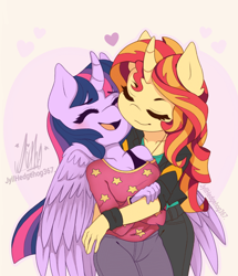 Size: 920x1071 | Tagged: safe, artist:jyllhedgehog367, sunset shimmer, twilight sparkle, alicorn, unicorn, anthro, g4, blushing, curved horn, cute, duo, eyes closed, female, happy, heart, horn, lesbian, mare, ship:sunsetsparkle, shipping, snuggling, twilight sparkle (alicorn)
