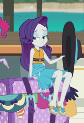 Size: 738x1080 | Tagged: safe, screencap, pinkie pie, rarity, equestria girls, equestria girls series, g4, the salty sails, animated, bikini, clothes, cropped, crossed legs, feet, female, flip-flops, gif, hat, legs, rarity's blue sarong, sandals, sarong, sexy, sun hat, swimsuit, two-piece swimsuit
