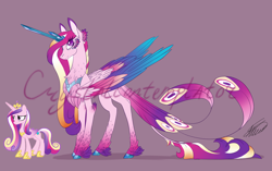 Size: 3500x2200 | Tagged: safe, artist:crystalcontemplator, princess cadance, alicorn, pony, g4, alternate design, chest fluff, cloven hooves, colored hooves, colored wings, colored wingtips, crystal horn, ear fluff, feather, feathered fetlocks, female, fluffy, gray background, high res, horn, leg fluff, leonine tail, looking at you, mare, multicolored wings, neck fluff, peacock feathers, peacock tail, signature, simple background, smiling, solo, tail feathers, unshorn fetlocks, watermark, wing fluff, wings