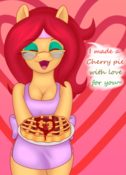 Size: 1831x2523 | Tagged: safe, artist:spk, oc, oc only, oc:vivian cereza, earth pony, anthro, unguligrade anthro, apron, arm hooves, bipedal, breasts, cherry, chest, chestbreasts, clothes, female, food, glasses, jelly, mother, pie, solo