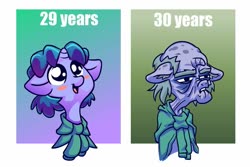 Size: 913x609 | Tagged: safe, artist:whateverbender, oc, oc only, oc:bender watt, alicorn, pony, age progression, bald, blush sticker, blushing, clothes, elderly, floppy ears, frown, glare, liver spots, male, older, open mouth, smiling, solo, stallion, sweater, wrinkles