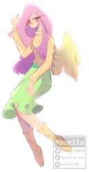 Size: 1345x2600 | Tagged: safe, artist:manella-art, fluttershy, human, g4, clothes, female, humanized, simple background, skirt, solo, sweater, sweatershy, white background, winged humanization, wings