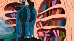 Size: 800x450 | Tagged: safe, artist:mixermike622, queen chrysalis, oc, oc:fluffle puff, changeling, g4, animated, eyes closed, fluffy, golden oaks library, looped, sniffing