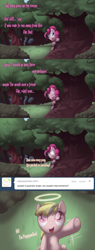 Size: 500x1322 | Tagged: safe, artist:sip, pinkie pie, oc, oc:puppysmiles, ask puppysmiles, g4, ask, ask weepy cry, comic, dialogue, female, filly, forest, halo, pink eyes, tree, tumblr comic, two toned mane, underhoof, waving