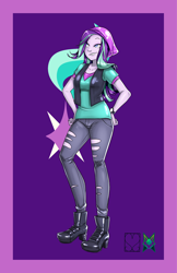 Size: 828x1280 | Tagged: safe, alternate version, artist:srasomeone, part of a set, starlight glimmer, equestria girls, g4, beanie, breasts, busty starlight glimmer, clothes, cutie mark background, female, grin, hand on hip, hat, high heels, jacket, latex, purple background, ripped jeans, shiny, shirt, shoes, simple background, smiling, solo, watch, wristwatch