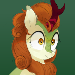 Size: 1000x1000 | Tagged: safe, artist:some_ponu, autumn blaze, kirin, g4, bust, female, green background, i've seen some shit, portrait, shocked, simple background, solo, thousand yard stare