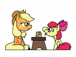 Size: 648x486 | Tagged: safe, artist:flutterluv, apple bloom, applejack, earth pony, pony, g4, animated, applejack is not amused, behaving like a cat, clay, duo, female, filly, kitty bloom, mare, ponified animal photo, ponified animal video, pottery, pottery wheel, siblings, simple background, sisters, tongue out, unamused, white background