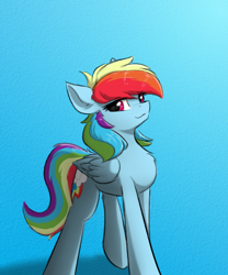 Size: 400x480 | Tagged: safe, artist:d.w.h.cn, rainbow dash, pegasus, pony, g4, blue background, chest fluff, cute, dashabetes, female, front view, mare, pose, simple background, smiling, smirk, solo, wings