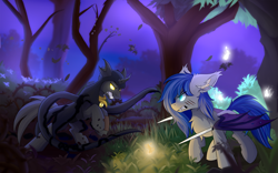 Size: 1920x1200 | Tagged: safe, artist:lunar froxy, oc, oc only, oc:flavis, oc:lunar frost, bat pony, changeling, pony, angry, battle stance, decaying, male, salivating, sword, weapon, will o' the wisp, wisp, yellow changeling