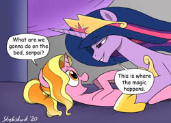 Size: 1188x857 | Tagged: safe, artist:strebiskunk, luster dawn, twilight sparkle, alicorn, pony, unicorn, g4, the last problem, bed, bedroom eyes, eye contact, female, imminent sex, lesbian, looking at each other, lusterlight, mare, older, older twilight, older twilight sparkle (alicorn), on bed, pomf, princess twilight 2.0, shipping, song reference, twilight sparkle (alicorn), what are we gonna do on the bed?
