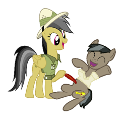 Size: 508x504 | Tagged: safe, artist:diana173076, daring do, doctor caballeron, earth pony, pegasus, pony, g4, clothes, eyes closed, female, hat, hoof hold, laughing, male, mare, open mouth, raised hoof, ship:daballeron, shipping, shirt, simple background, stallion, straight, tickle torture, tickling, ticklish tummy, white background