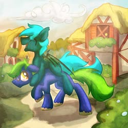 Size: 1024x1024 | Tagged: safe, artist:tiothebeetle, oc, oc:arcane gears, oc:guttatus, bat pony, earth pony, pony, balcony, bat pony oc, bat wings, bush, carrying, cloud, commission, confused, cyan mane, door, doorhandle, ear tufts, eyes closed, fangs, floppy ears, flower, glasses, grass, green mane, hill, house, looking up, male, membranous wings, outdoors, overhang, plant, ponies riding ponies, ponyville, raised hoof, riding, riding a pony, signature, sky, smiling, straw roof, town, unshorn fetlocks, village, walking, window, wings