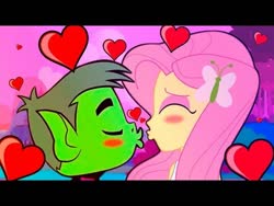 Size: 640x480 | Tagged: artist needed, source needed, safe, fluttershy, equestria girls, g4, beast boy, blushing, crossover, crossover shipping, female, flutterbeast, imminent kissing, male, shipping, straight, teen titans, teen titans go