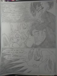 Size: 1944x2592 | Tagged: safe, artist:princebluemoon3, oc, oc:king speedy hooves, oc:queen galaxia (bigonionbean), oc:tommy the human, alicorn, human, pony, comic:the chaos within us, alicorn oc, alicorn princess, barrier, black and white, canterlot, canterlot castle, captive, chained, chaos, clothes, comic, commissioner:bigonionbean, confused, crater, crying, dialogue, drawing, dream, female, fusion, fusion:big macintosh, fusion:flash sentry, fusion:princess cadance, fusion:princess celestia, fusion:princess luna, fusion:shining armor, fusion:trouble shoes, fusion:twilight sparkle, grayscale, herd, horn, human oc, husband and wife, magic, male, monochrome, mother and child, mother and son, night, nightmare, prisoner, rubble, sad, separation, shocked, shocked expression, tears of pain, teary eyes, throne room, traditional art, writer:bigonionbean