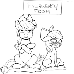 Size: 1320x1309 | Tagged: safe, artist:crade, apple bloom, applejack, earth pony, pony, g4, angry, apple bloom's bow, applejack is not amused, applejack's hat, blushing, bow, cowboy hat, crossed arms, crying, female, filly, frown, hair bow, hat, literal butthurt, mare, mistakes were made, monochrome, pain, pillow, sitting, tears of pain, this ended in pain, this ended in tears, unamused