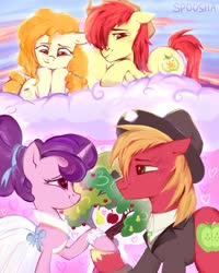 Size: 1728x2160 | Tagged: safe, artist:spoosha, big macintosh, bright mac, pear butter, sugar belle, earth pony, pony, unicorn, g4, the big mac question, the perfect pear, apple, apple tree, bittersweet, cute, female, heart, heart eyes, intertwined trees, like father like son, like parent like child, male, mare, pear tree, ship:brightbutter, ship:sugarmac, shipping, stallion, straight, tree, wingding eyes