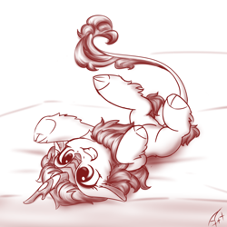 Size: 2000x2000 | Tagged: safe, artist:astery, derpibooru exclusive, kirin, bed, cute, female, high res, kirinbetes, lying, monochrome, on back, smiling, solo, upside down
