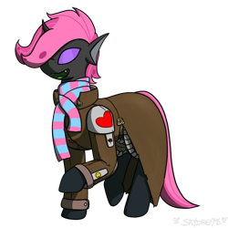 Size: 1050x1050 | Tagged: safe, artist:skydreams, oc, oc only, oc:pixie wing, changeling, fallout equestria, changeling oc, clothes, holeless, ncr ranger, pink changeling, purple changeling, scarf, simple background, socks, solo, sticker, transparent background