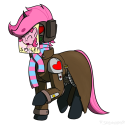Size: 1050x1050 | Tagged: safe, artist:skydreams, pinkie pie, oc, oc only, oc:pixie wing, changeling, fallout equestria, changeling oc, clothes, helmet, holeless, ministry of morale, ncr ranger, paper-thin disguise, pink changeling, poster, scarf, simple background, sticker, transparent background