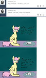 Size: 629x1064 | Tagged: safe, artist:kaggy009, angel bunny, fluttershy, pony, g4, alternate hairstyle