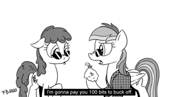 Size: 1200x675 | Tagged: safe, artist:pony-berserker, berry punch, berryshine, rainbow dash, earth pony, pegasus, pony, pony-berserker's twitter sketches, g4, bits, black and white, female, grayscale, halftone, houndstooth shirt, mare, meme, monochrome, simple background, sunglasses, trailer park boys, white background