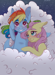 Size: 2000x2700 | Tagged: safe, artist:silbersternenlicht, fluttershy, rainbow dash, pegasus, pony, g4, blushing, cloud, commissioner:beanzoboy, female, high res, lesbian, mare, ship:flutterdash, shipping, signature, stars