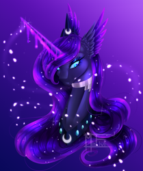 Size: 3186x3804 | Tagged: safe, artist:minelvi, princess luna, alicorn, pony, g4, alternate style, bust, choker, female, glowing horn, high res, horn, magic, mare, portrait, signature, solo, speedpaint available