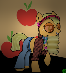 Size: 852x937 | Tagged: safe, artist:8l4ck0u7, applejack, earth pony, pony, g4, alternate hairstyle, braces, clothes, ear piercing, earring, female, freckles, headband, heart, hippie, jeans, jewelry, mare, necklace, pants, peace sign, piercing, raised hoof, scarf, shirt, solo, sunglasses
