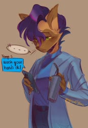 Size: 1280x1849 | Tagged: safe, artist:yuyusunshine, capper dapperpaws, abyssinian, anthro, g4, ..., belt, cellphone, clothes, coat, coronavirus, covid-19, cup, drink, implied tempest shadow, male, pants, phone, shirt, solo, straw, text