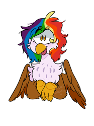Size: 1280x1708 | Tagged: safe, artist:ghoul--doodle, oc, oc only, oc:rainbow feather, griffon, hippogriff, :p, cute, interspecies offspring, magical lesbian spawn, messy mane, offspring, parent:gilda, parent:rainbow dash, parents:gildash, simple background, solo, tongue out, transparent background