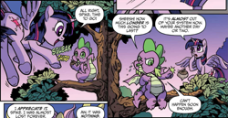 Size: 2451x1267 | Tagged: safe, artist:pencils, idw, spike, twilight sparkle, alicorn, dragon, pony, g4, spoiler:comic, spoiler:comic73, acorn, behaving like a squirrel, chirping, comic, cropped, cute, female, flying, male, mare, oak tree, sitting in a tree, spikabetes, tree, twiabetes, twilight sparkle (alicorn), winged spike, wings