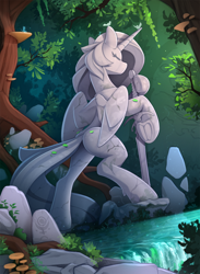 Size: 1750x2385 | Tagged: safe, artist:yakovlev-vad, princess celestia, alicorn, pony, g4, bipedal, butt, eyes closed, female, forest, frog (hoof), hero, leaning, leaves, mare, nature, plot, raised leg, river, rock, scenery, slender, solo, statue, sword, thin, tree, underhoof, unknown pony, water, weapon