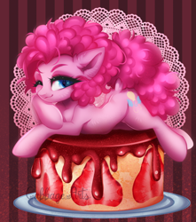 Size: 700x793 | Tagged: safe, artist:cabbage-arts, pinkie pie, earth pony, pony, adorasexy, beautiful, beautisexy, blue eyes, cake, cute, dessert, diapinkes, dock, ear fluff, featured image, female, food, happy, looking at you, mare, mat, one eye closed, placemat, plate, prone, sauce, seductive, seductive pose, sexy, slice, smiling, smiling at you, solo, strawberry, strawberry sauce, strawberry slice, sultry pose, wink, ych result